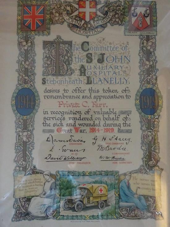 St John Auxiliary Hospital Stebonheath Llanelly,First World War framed Remembrance scroll