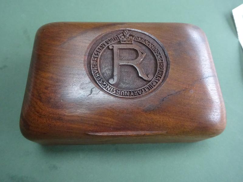 Wooden Table box, Carved insignia,Queen Alexandra's Imperial Military Nursing Service Reserve
