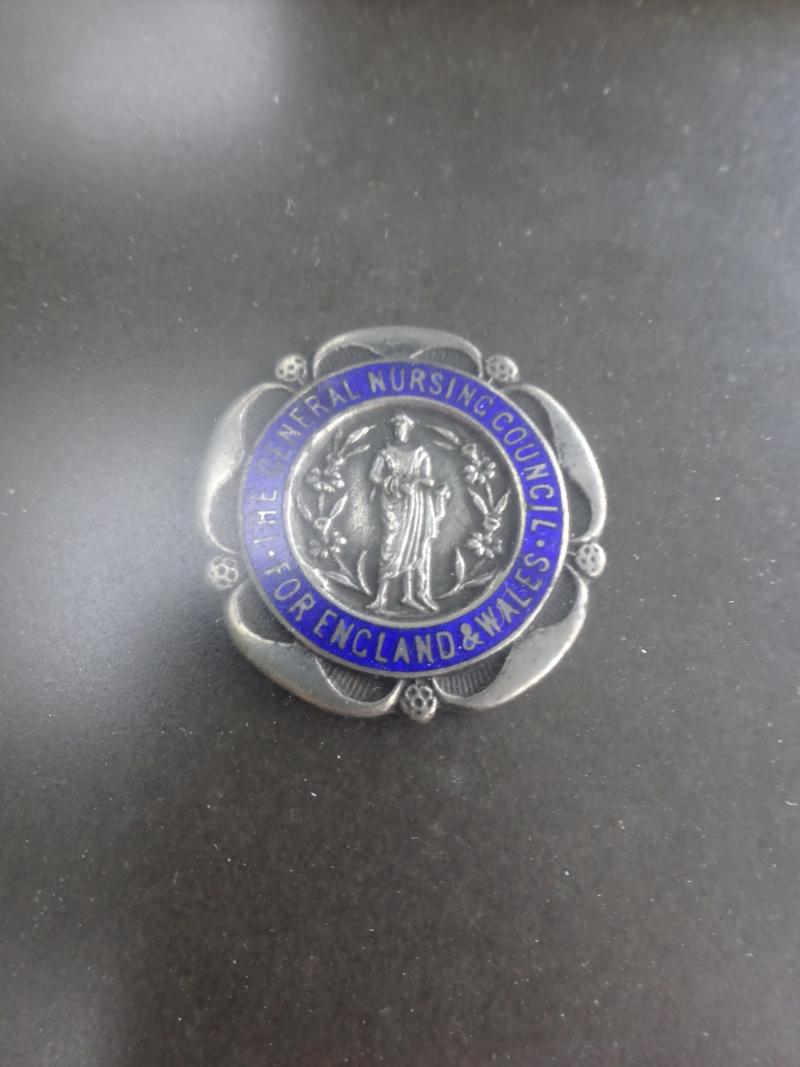 Framed General Nursing Council For England and Wales,silver badge and receipt document