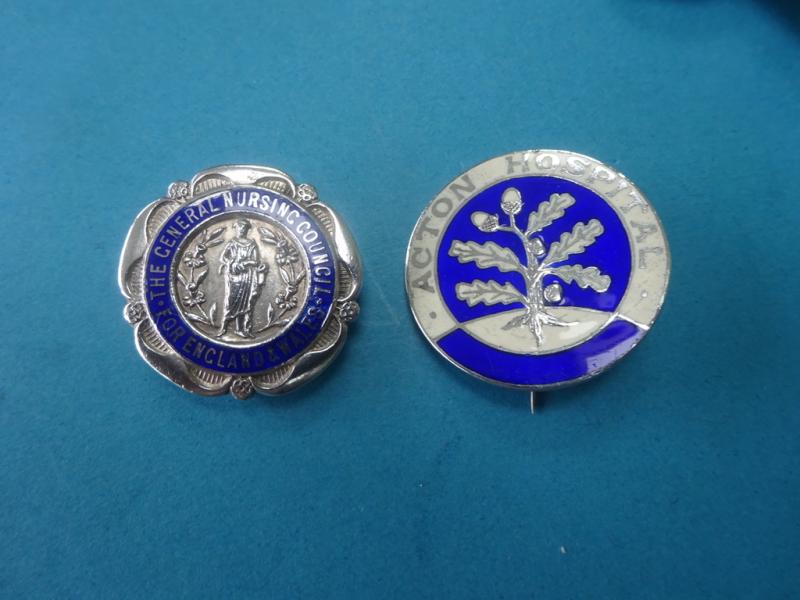 Acton Hospital and GNC ,silver nursing badge pair